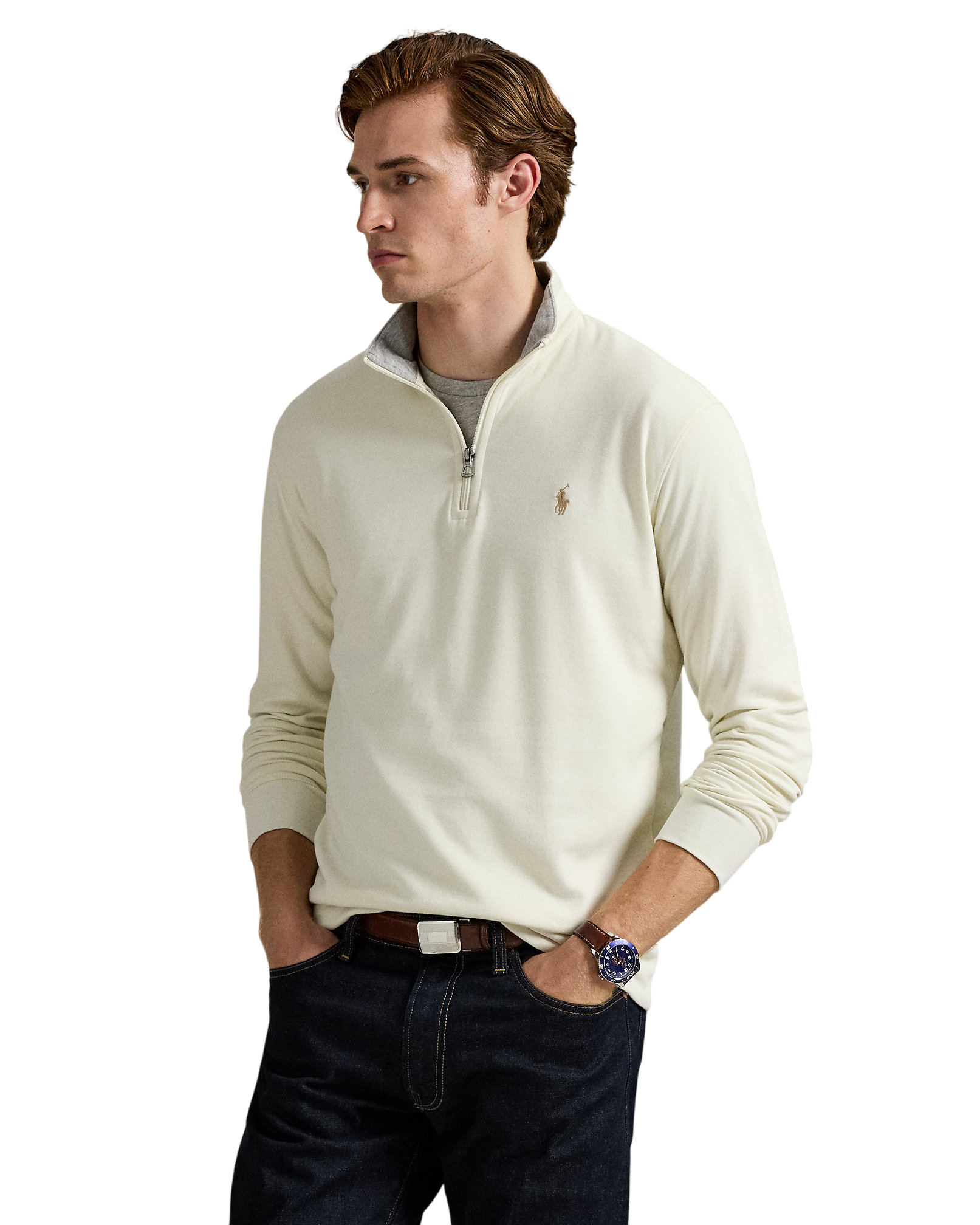 Men's L Dark Grey Heather Luxury Jersey Quarter-Zip Pullover | Ralph Lauren