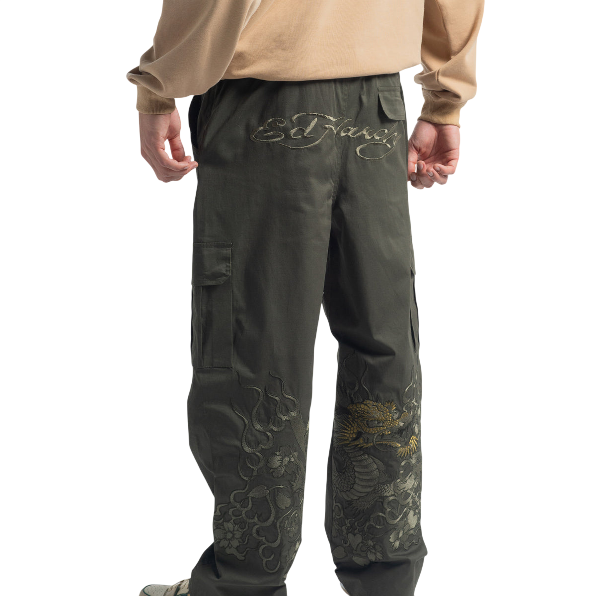 Mens Vintage-Dragon Embroidered Combat Trousers - Green