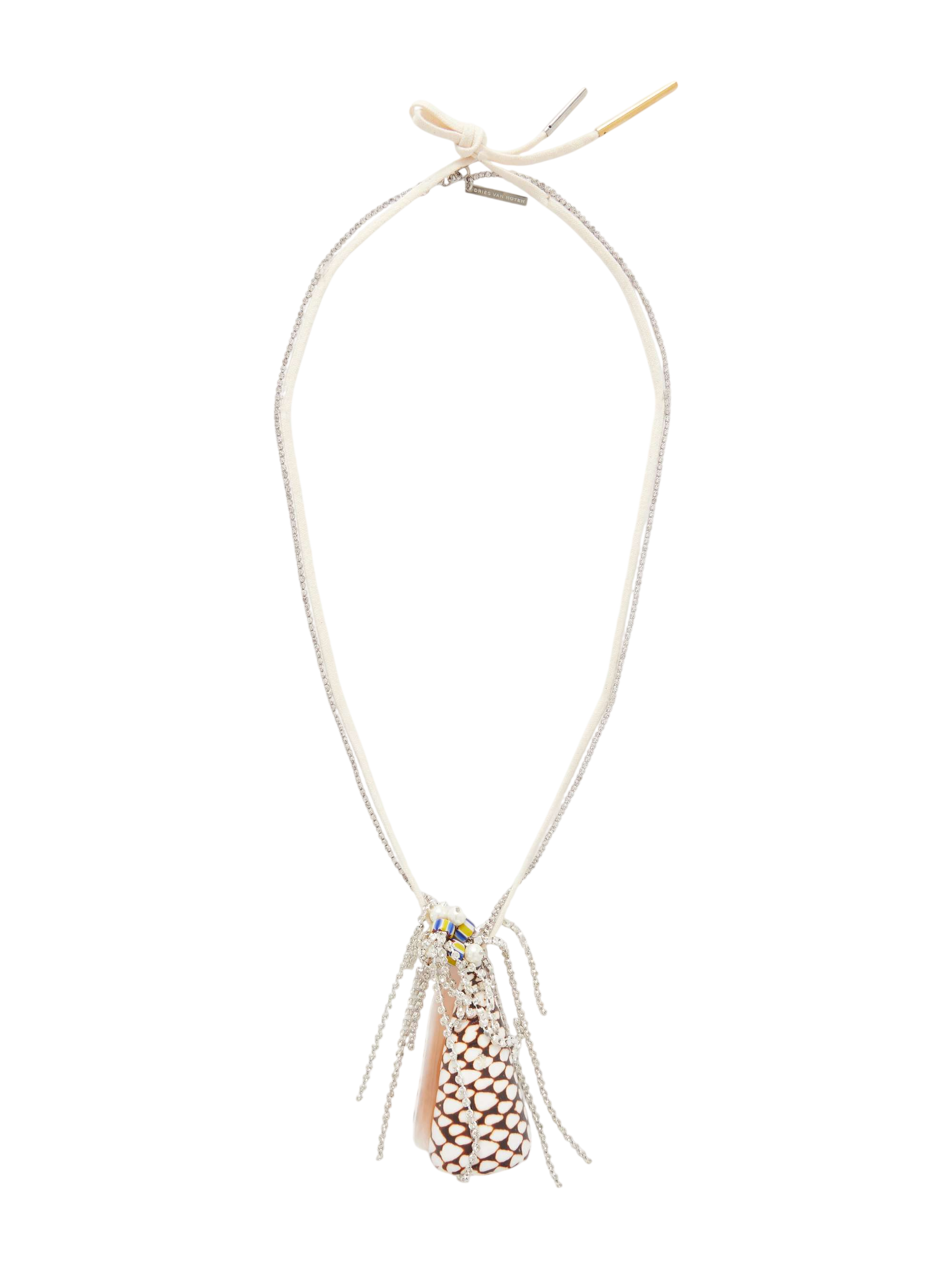 Brass, resin, shell and cotton necklace