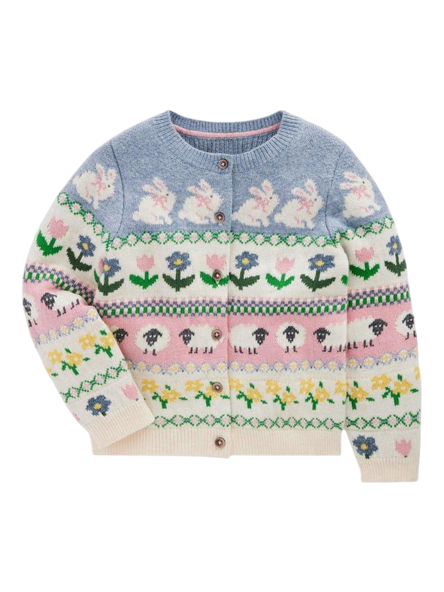Kids' Edie Fairisle Cardigan, Blue Bunny Fair Isle