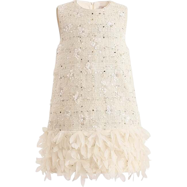 Sequin Feather-Hem Dress, Cream