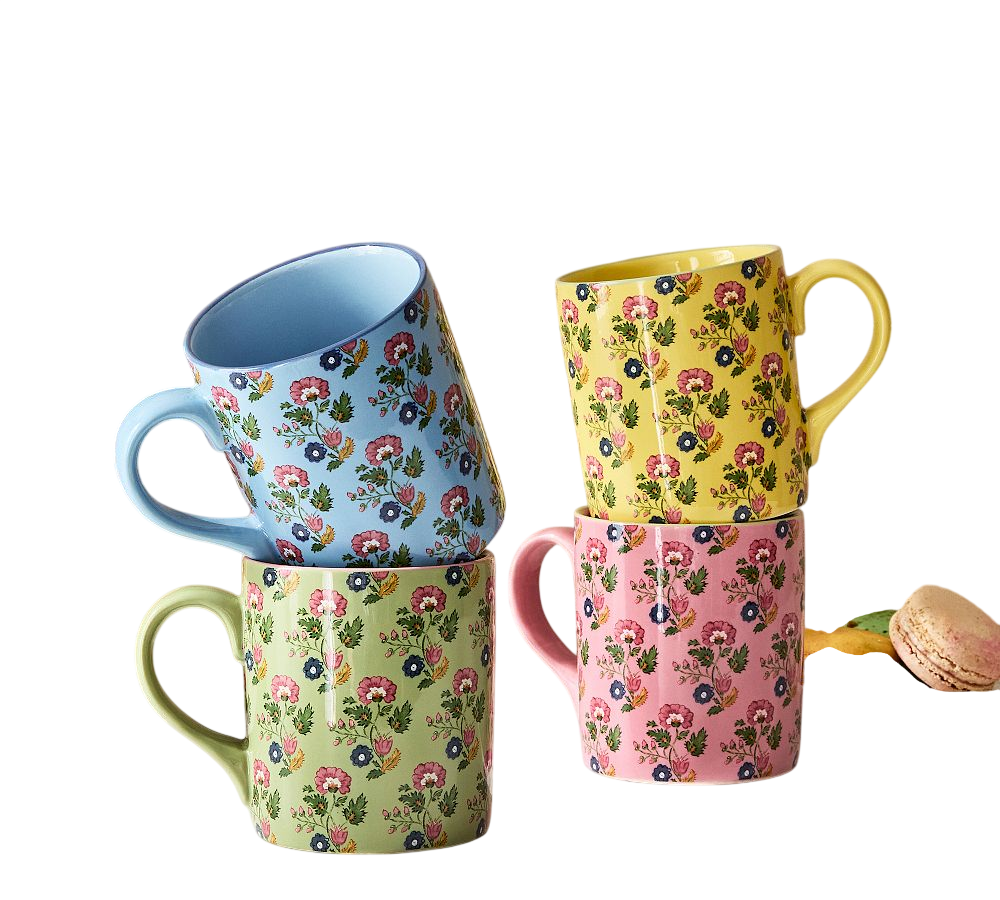 Botanical Bunny Stoneware Mugs - Mixed Set of 4