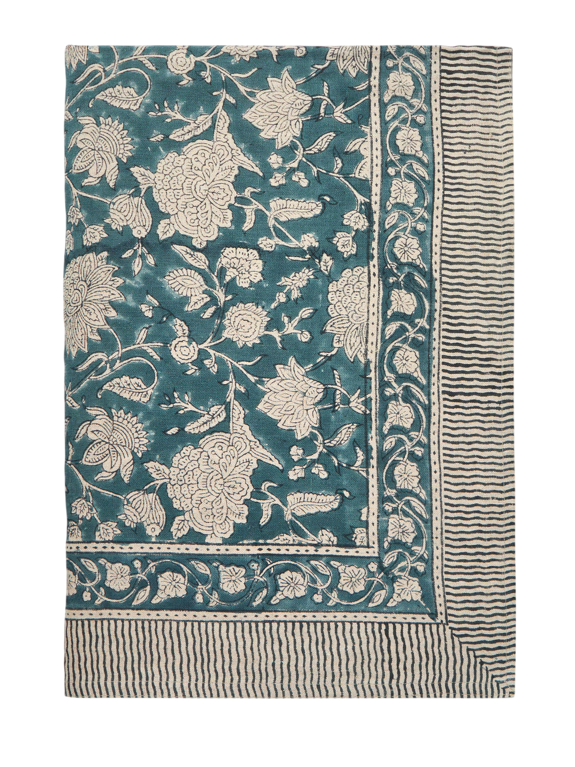 Indian Rose Block-Printed Linen Rectangular Tablecloth (90.5in/2.3m)