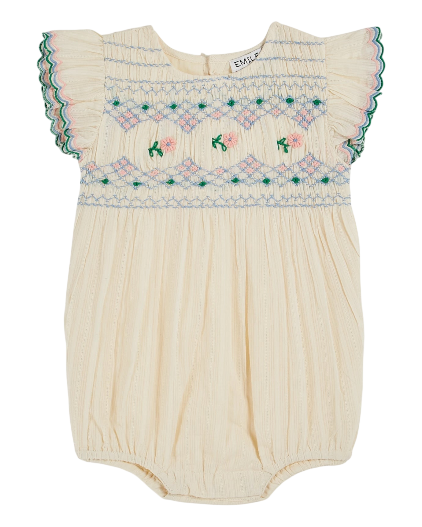 EMILE ET IDA SS25 BEBE COMBI PUFFEL ECRU HAND-SMOCKED EMBROIDERED ROMPER