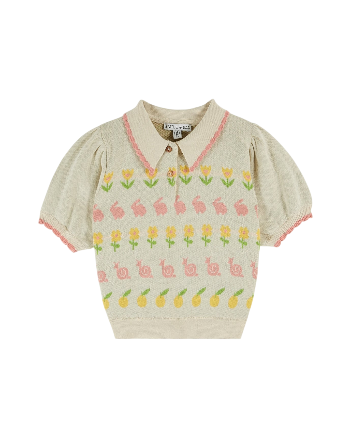 EMILE ET IDA SS26 Collared Short Sleeve Sweater with Spring Intarsia