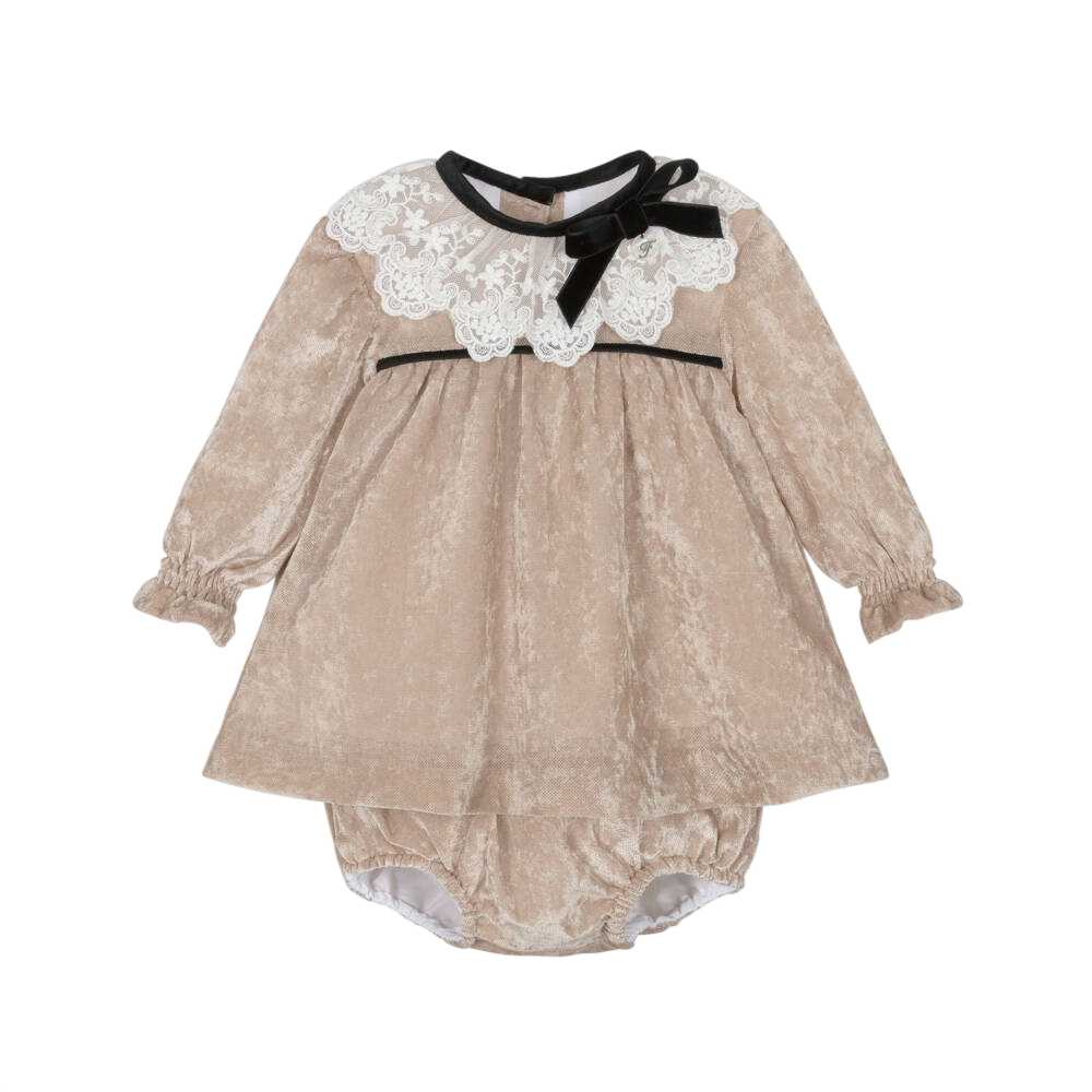 Girls Beige Velour Mesh Dress with Lace & Velvet Collar