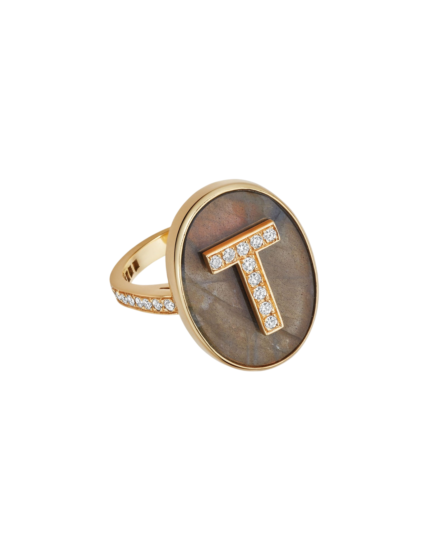 White Diamond Pavé Initial Ring with Labradorite