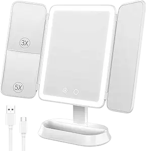 Vanity Mirror with Lights - Rechargeable Lighted Makeup Mirror | 1X/3X/5X Magnification, Smart Touch, 3 Colors Dimmable | Portable Trifold Mirror for Travel for Women and Girls