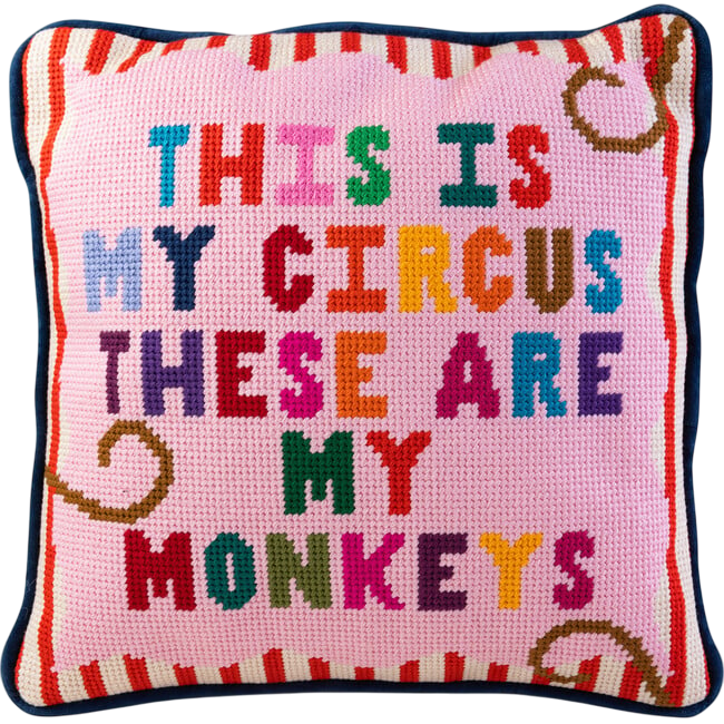 My Circus Needlepoint Pillow, Pink, Dark blue