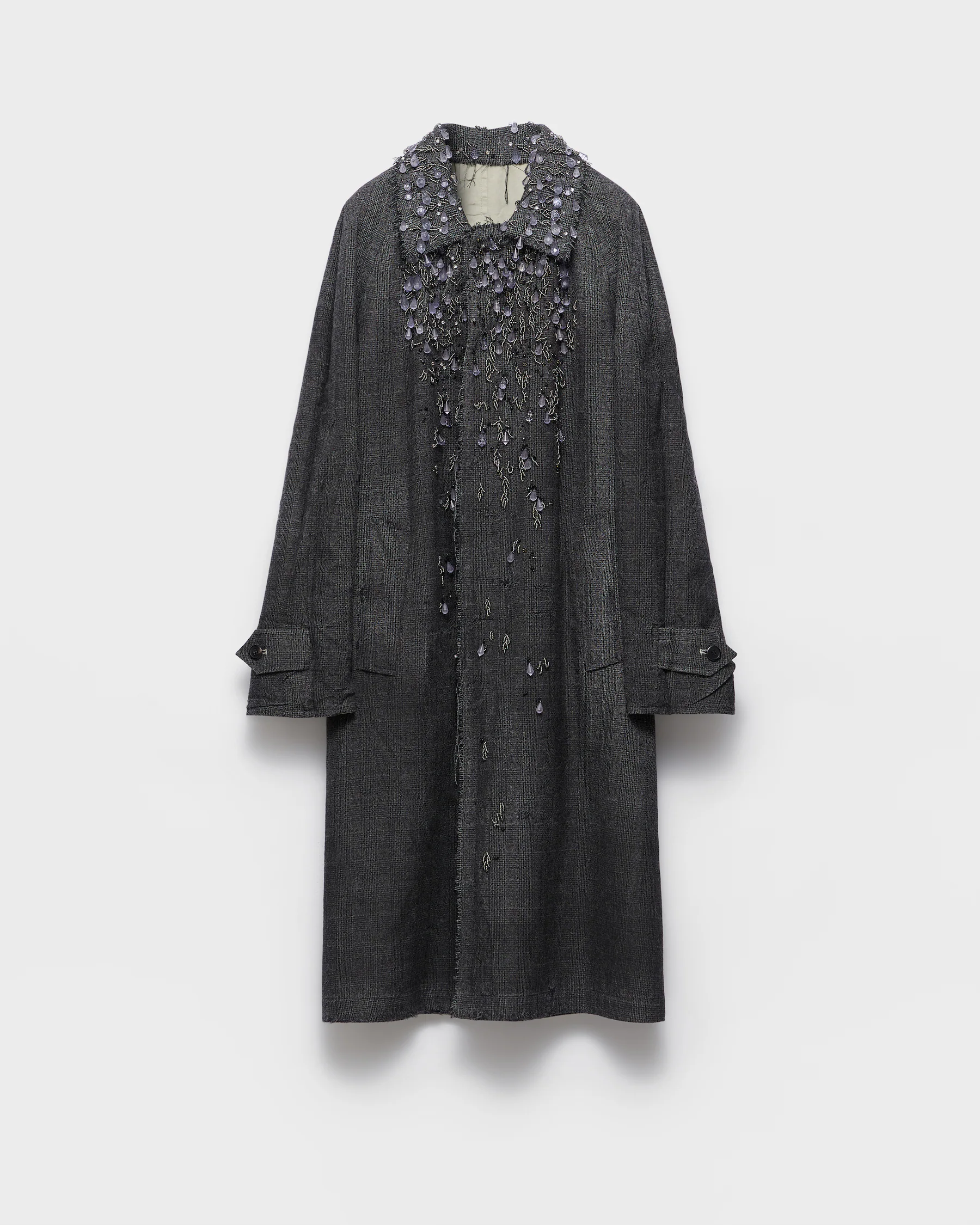 Single-breasted mouliné Prince of Wales check and embroidered twill coat
