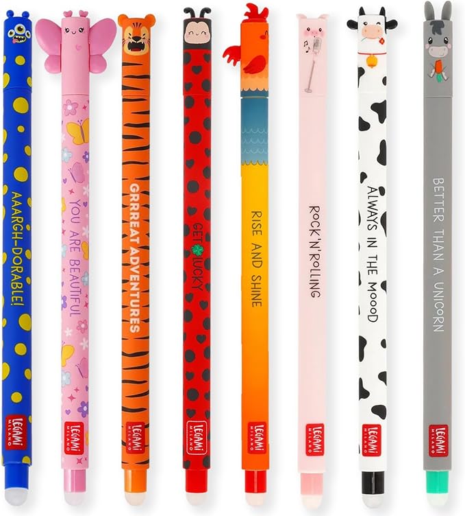 LEGAMI - Set of 8 Erasable Gel Pens with Thermosensitive Erase Ink, Range of ink colours & barrel designs, 0.7mm Tip, Ladybug, Monster, Tiger, Butterfly and Farmyard Designs