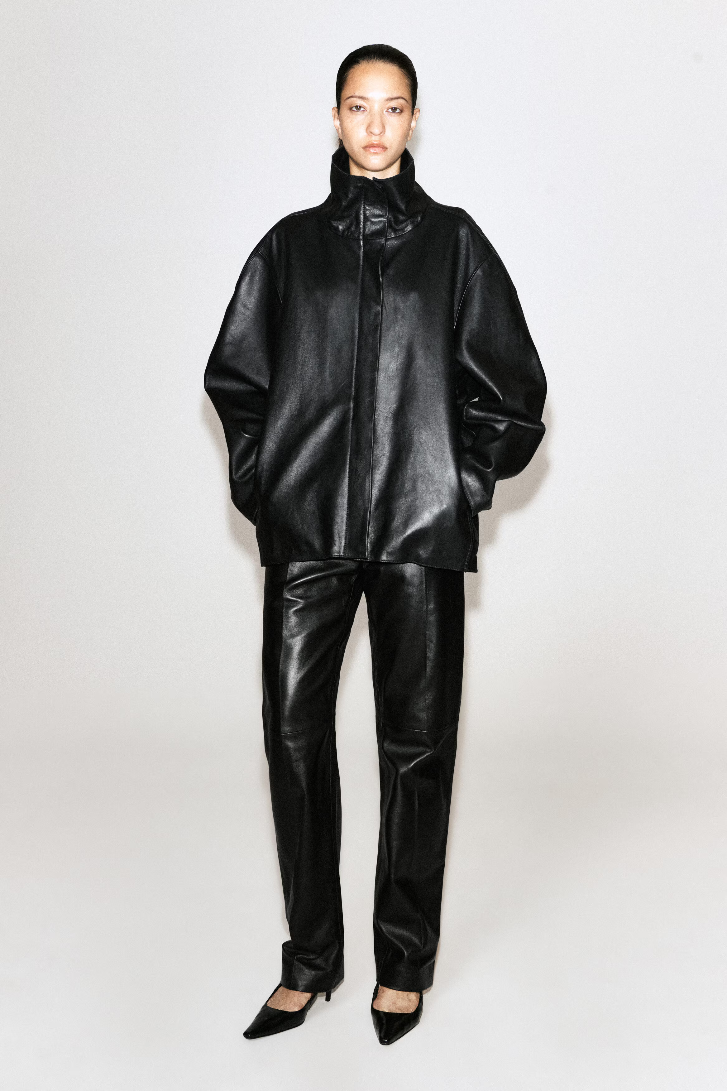 LEATHER FUNNEL-NECK JACKET