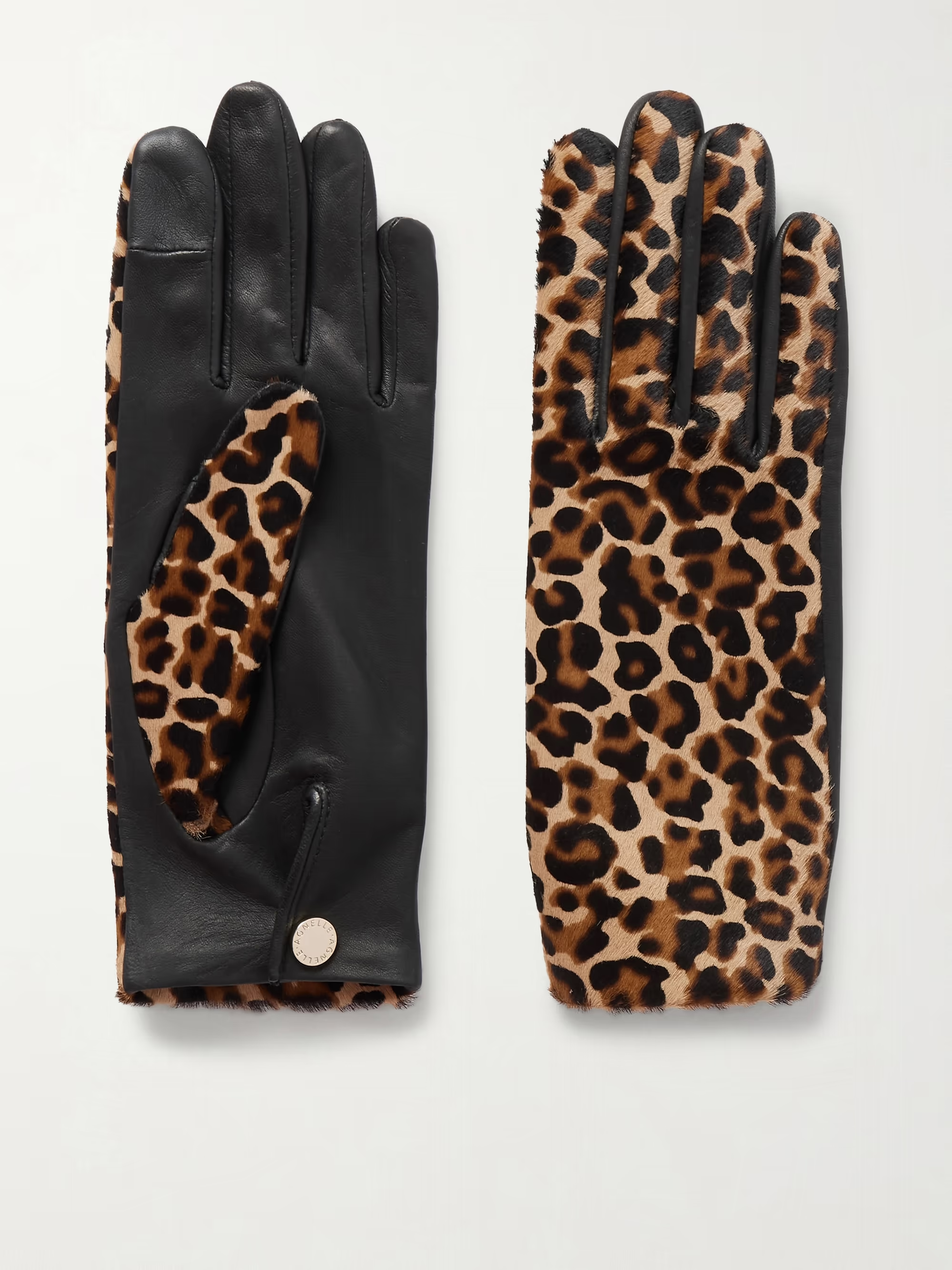 AGNELLE Susan leather and leopard-print calf hair gloves