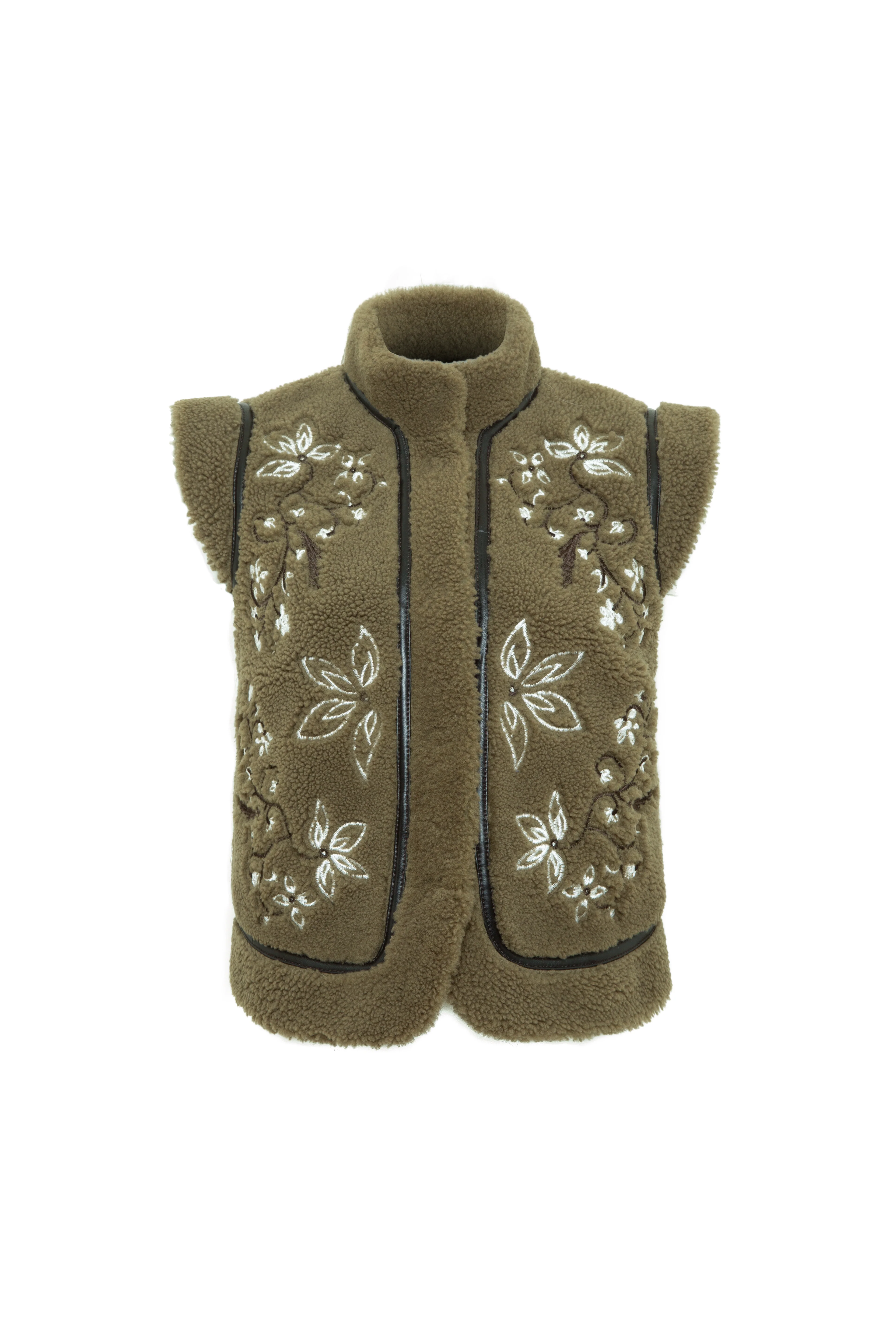 VALENTINA - Embroidered shearling vest with leather trim