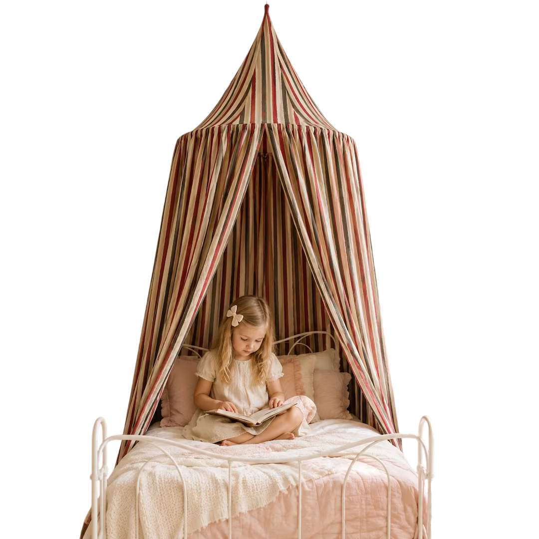 Striped Kids Bed Canopy, Red Cream Brown Cotton Canopy, Toddler Bed Tent, Reading Nook Canopy, Montessori Nursery Decor