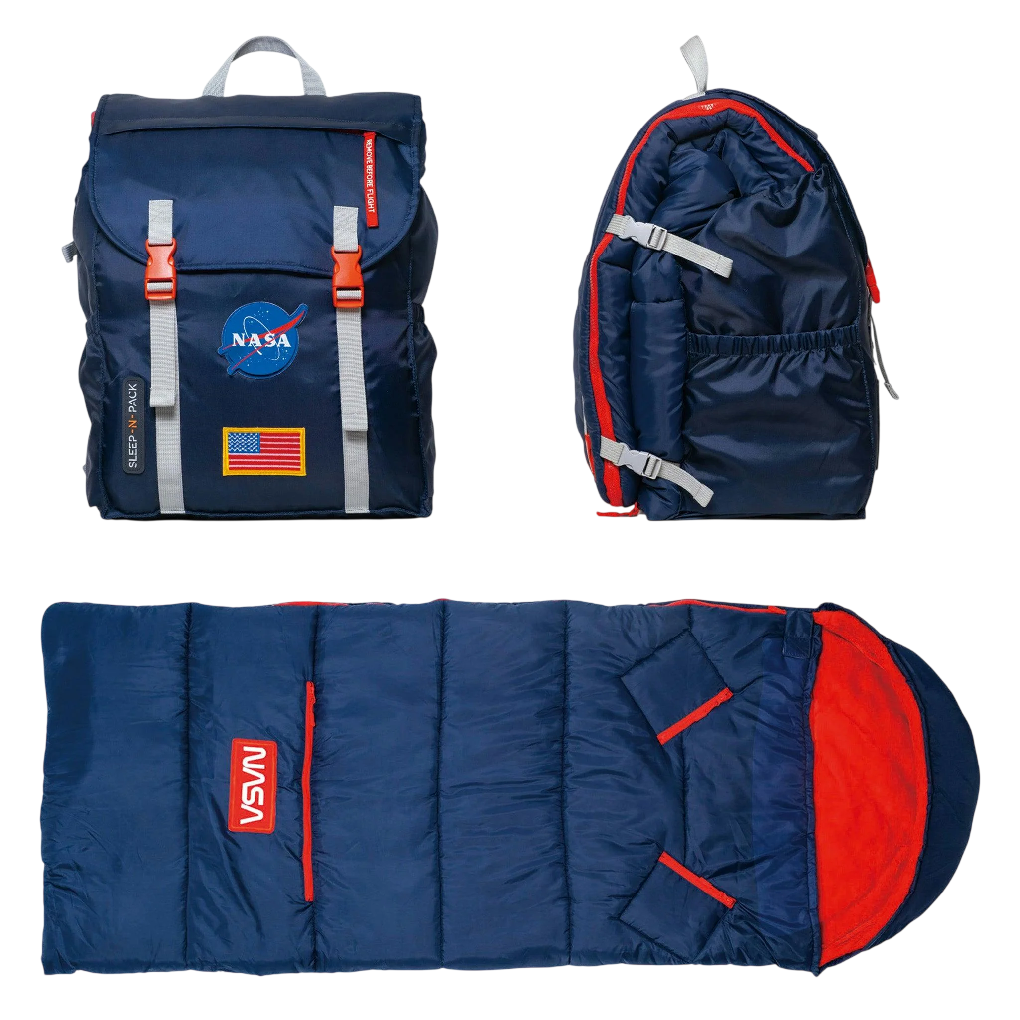 Sleep-N-Pack™ – Big Kid Size | NASA Official Logo & Patches | 2-in-1 Backpack & Sleeping Bag with Cozy Fleece Liner - NAVY