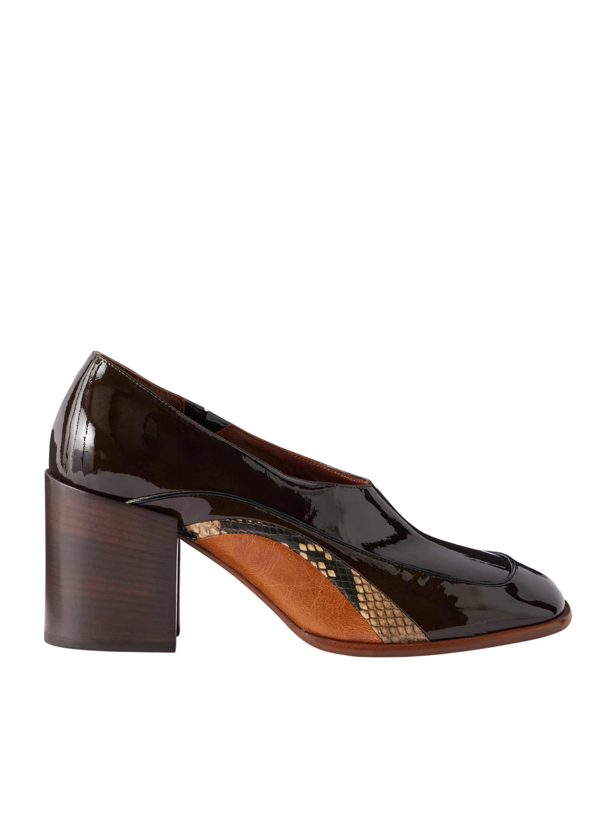 Snake-effect trimmed patent-leather pumps