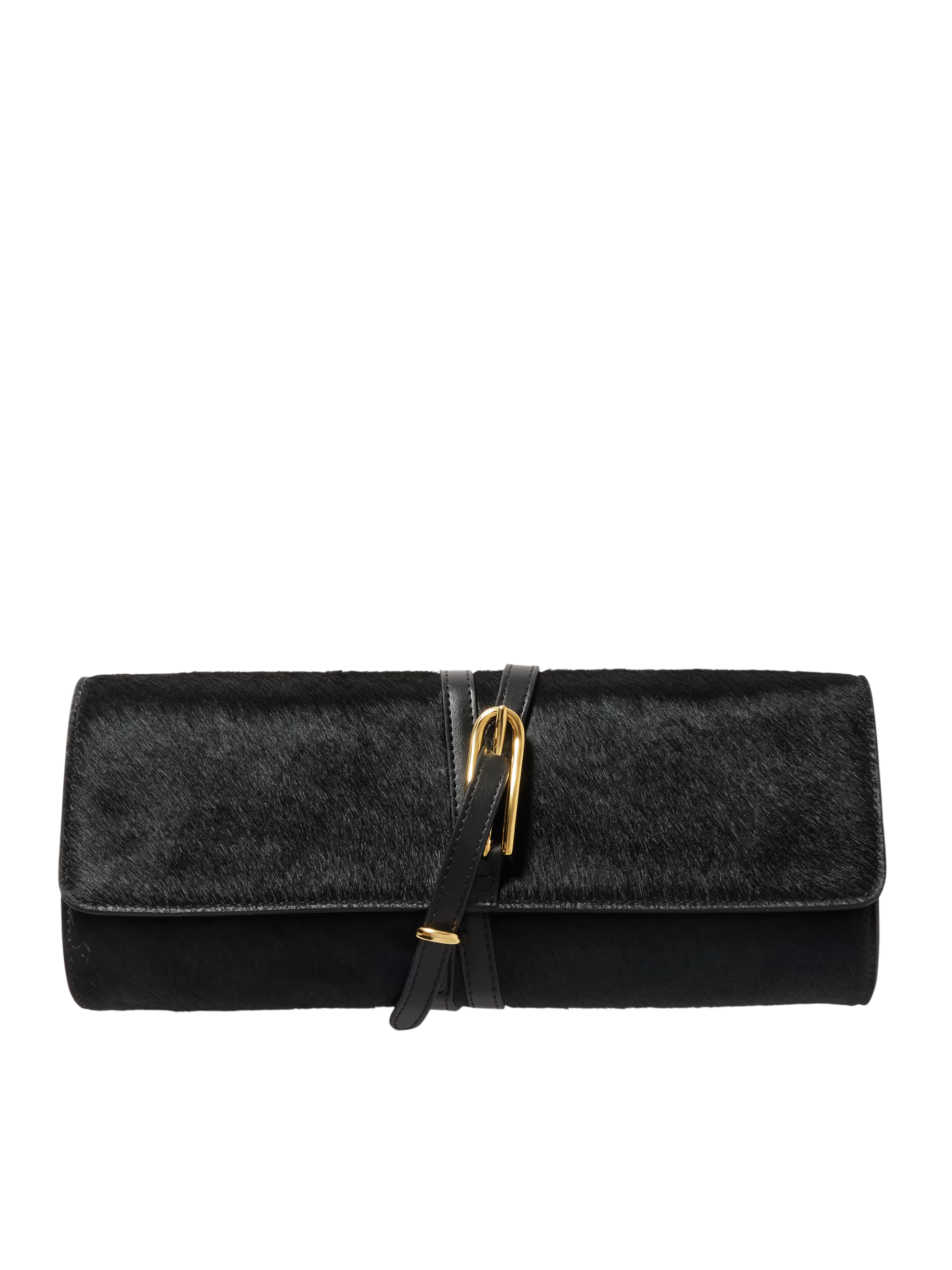 Belted leather-trimmed calf hair clutch
