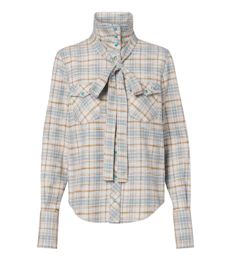 Checked tie-neck cotton flannel shirt