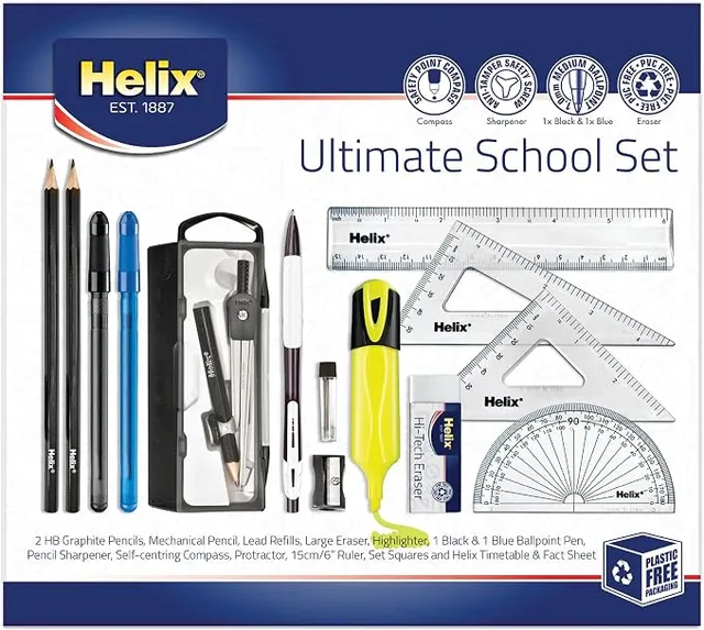 Helix Ultimate Stationery Set – Complete School Supplies Kit with Highlighter, Pens, Pencils, Compass, Ruler, Pencil Sharpener, Eraser & Geometry Set – Back to School Exam & Revision Essentials