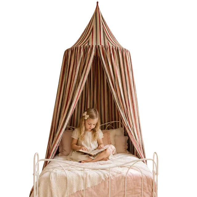 Striped Kids Bed Canopy, Red Cream Brown Cotton Canopy, Toddler Bed Tent, Reading Nook Canopy, Montessori Nursery Decor