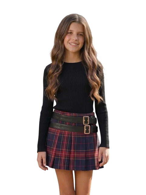 KatieJ NYC Axel Skirt- Navy + Berry Plaid