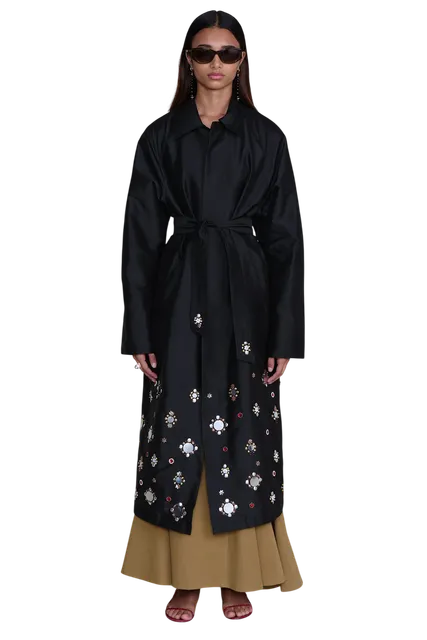 Techno Taffeta Sequin Trench Coat Black
