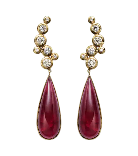 Floating Nesting Gem 18kt gold drop earrings with diamonds and rubellites